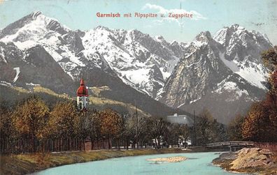 Garmisch mit Alpspitze u. Zugspitze Postkarte AK 1909