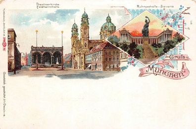 Gruss aus München Theatinerkirche Ruhmeshalle-Bavaria Postkarte AK