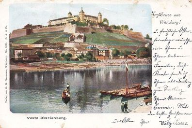 Gruß aus Würzburg mit Blick auf den Marienberg in Bayern Postkarte AK 1900