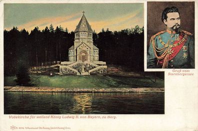 Gruß vom Starnberger See mit Votovkirche König Ludwig II. Bayern Postkarte AK