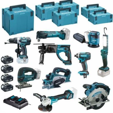 18V Makita Akku Mega Set inkl. DHP458 DTD152 DJV180 DGA511 DKP180Z + Makpac