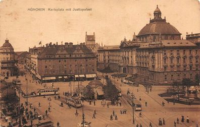 München Karlsplatz mit Justizpalast Straßenbahn Feldpostkarte AK 1915