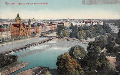 München Partie an der Isar mit Lukaskirche Postkarte AK 1925