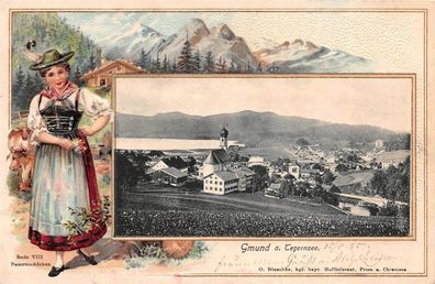 AK Gmund Tegernsee Bauernmädchen Postkarte geprägt 1905