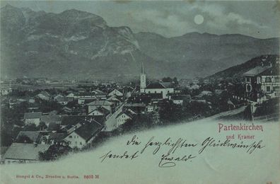 Blick auf Kirche, Partenkirchen und Kramer Bayern Mondschein-Postkarte AK 1903