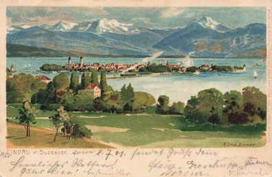 Blick auf Lindau Bodensee Künstlerkarte M. Zeno Diemer Bayern Postkarte AK 1901