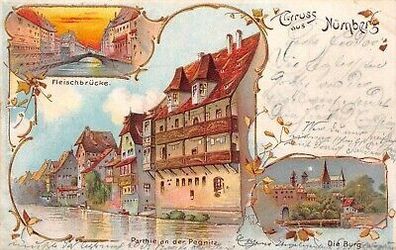 Gruss aus Nürnberg Fleischbrücke Parthie an der Pegnitz Postkarte AK 1901