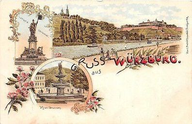 Gruss aus Würzburg Luitpold Denkmal Kilian Brunnen Litho Postkarte