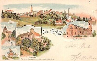 Gruss aus Friedberg in Bayern Schloss Stadtpfarrkirche Litho AK 1898