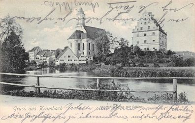 Gruss aus Krumbach Stadtpfarrkirche mit Schloss Bayern Postkarte AK 1904