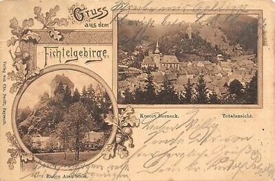 Gruss aus dem Fichtelgebirge Kurort Berneck Totalansicht Ruine Amt Stein AK 1904