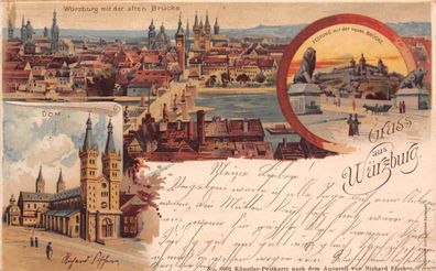 Gruss aus Würzburg mit Festung und Dom in Bayern Litho Postkarte AK 1899