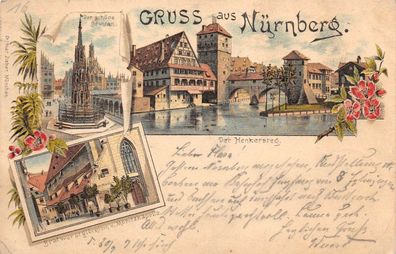 Gruss aus Nürnberg Der Henkersteg Bratwurstglöcklein Postkarte AK 1896