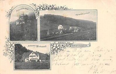 Gruss aus Utzmannsbach Totalansicht Felsenparthie Schlenk's Wirtschaft AK 1900