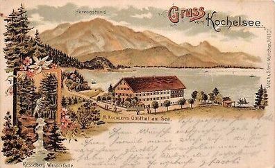 Gruss vom Kochelsee Herzogstand Kesselberg Wasserfälle Postkarte AK