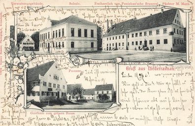 Gruß aus Niederraunau mit Schule, Brauerrei Bayern Litho-Postkarte AK 1904