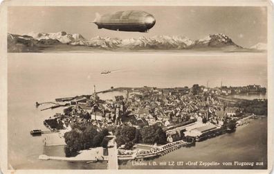 Lindau im B. mit Zeppelit LZ 127 vom Flugzeug aus Postkarte