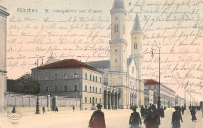 München St. Ludwigskirche und -Strasse Postkarte AK 1904