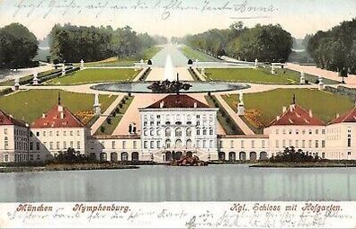 München Nymphenburg Kgl. Schloss mit Hofgarten Postkarte AK 1904