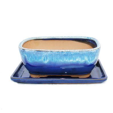 Bonsai-Schale mit Unterteller Gr. 3 Blau-Beige rechteckig Modell GB5 L 21,5cm B