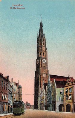 St. Martinskirche mit Straßenbahn Landshut Bayern Postkarte AK