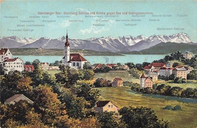 Stadtansicht auf Starnberg mit See, Schloss und Kirche Bayern Postkarte AK 1909