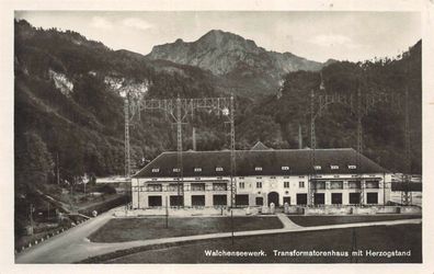 Walchenseewerk Transformatorenhaus mit Herzogstand Postkarte AK