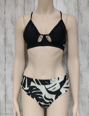 Bikini Set 2in1 CUPSHE Schwarz-weiß Oben Gerafft Cutout Größe M 40/42