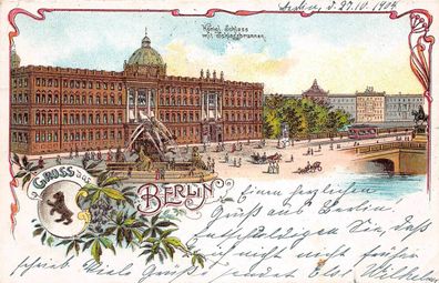 Berlin Schlossbrunnen Litho Postkarte 1904