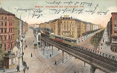 Berlin Hochbahn mit Cottbusser Tor Postkarte 1908