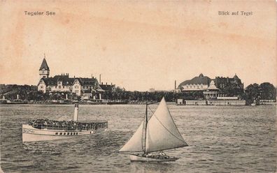 Blick auf Tegel mit See und Dampfer in Berlin Postkarte AK 1931