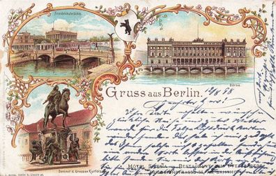 Börse, Friedrichsbrücke und Denkmal in Berlin Litho Postkarte AK 1898