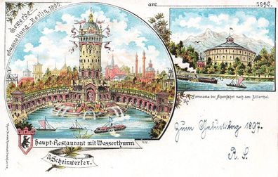 Gewerbe-Ausstellung-Berlin Haupt-Restaurant und Wasserturm Berlin Litho AK 1897