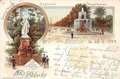 Gruss aus Berlin Lessing-Denkmal Siegesallee Wrangelbrunnen Litho AK 1897