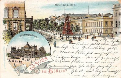 Gruss aus Berlin Unter den Linden Reichstagsgebäude Postkarte AK 1901