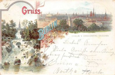 Gruss aus Berlin v. Kreuzberg gesehen Wasserfall Victoria Park Postkarte AK 1895