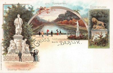 Gruss aus Berlin Tiergarten mit Goethe-Denkmal Berlin Litho Postkarte AK