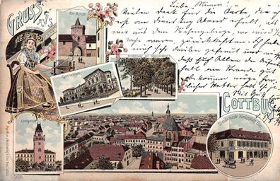 Cottbus Alte Münze, Gymnasium, Dresdenerstrasse Restaurant, Litho Postkarte 1899