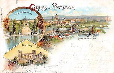 Gruss aus Potsdam Panorama Litho Postkarte 1897