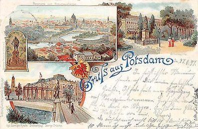 Gruß aus Potsdam Panorama Wilhelmplatz Brücke, Litho Postkarte 1897