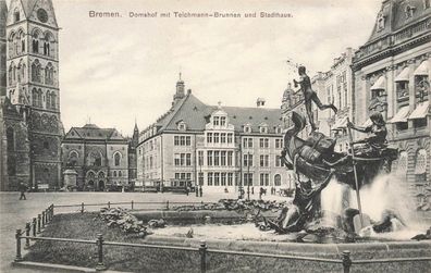 Domshof mit Teichmann-Brunnen und Stadthaus Bremen Postkarte AK