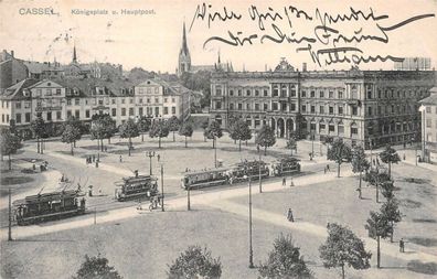 Cassel Königsplatz u. Hauptpost Straßenbahn Postkarte AK 1906