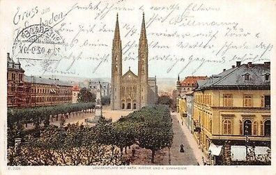 Gruss aus Wiesbaden Louisenplatz mit Kath. Kirche Gymnasium Postkarte AK 1902