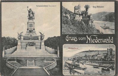 Gruss vom Niederwald Rüdesheim Nationaldenkmal Bur Rheinstein AK 1908