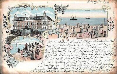 Gruss aus Ahlbeck (Seebad) Strand Hotel Litho Postkarte 1899