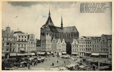 Marktplatz mit Marienkirche Rostock Mecklenburg-Vorpommern Postkarte AK 1936