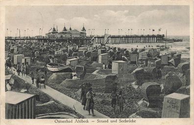 Strand und Seebrücke Ostseebad Ahlbeck Mecklenburg-Vorpommen Postkarte AK 1928