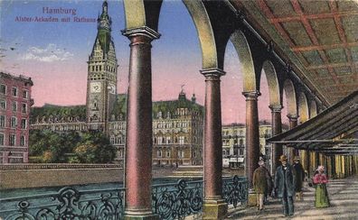 Alster-Arkaden mit Rathaus in Hamburg Postkarte AK 1918