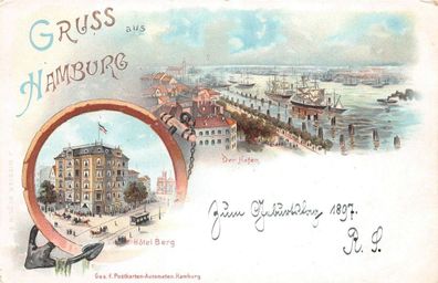 Gruss aus Hamburg Hafen Hotel Berg Zum Geburtstag 1897 Litho AK