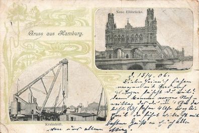 Gruss aus Hamburg Krahnhöft und Neue Elbbrücke Hamburg Litho Postkarte AK 1906